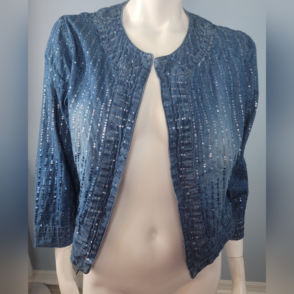 Chico's 100%cotton all sequins open front blue jean jacket size 1 Medium - Picture 3 of 16